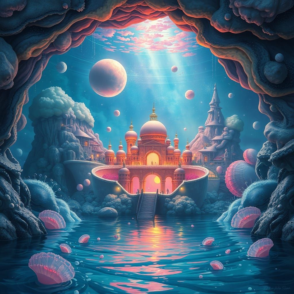 Mermaid in Fishbowl with Marine City, Fantasy Art