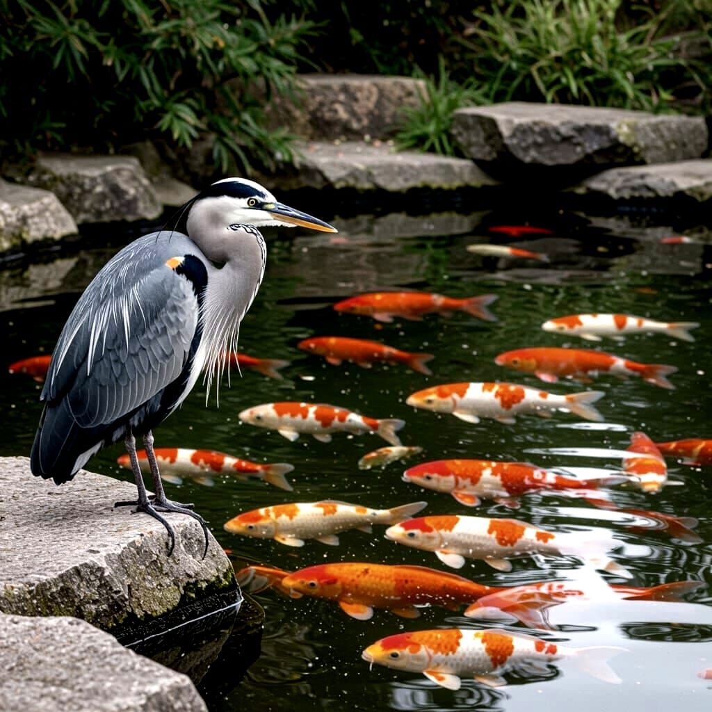Heron Stalks Koi Pond, Ready to Strike