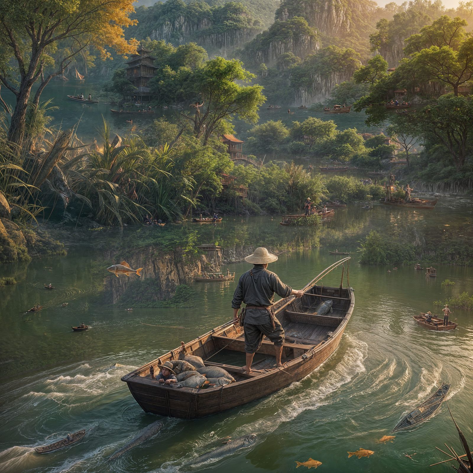 Spearfishing for Carp at Sunset: A Digital Masterpiece