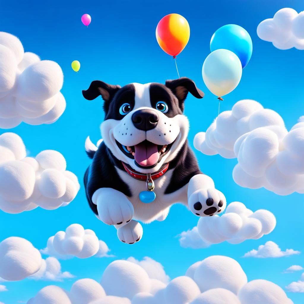Fluffy Dog Floats Through Candy Cloud Sky