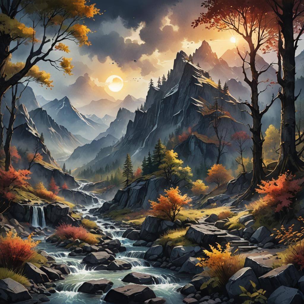 Dark Mountains and Forest in Watercolor
