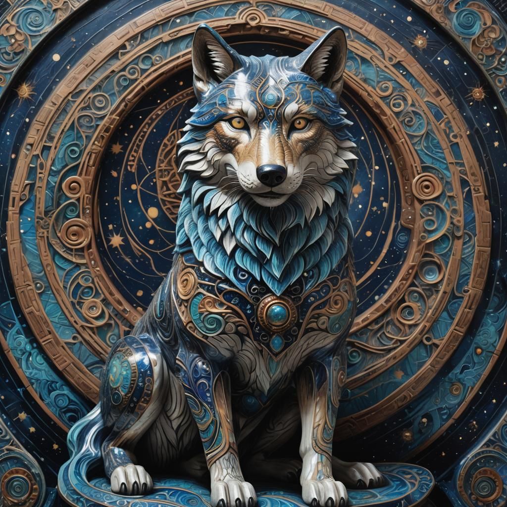 Earthenware Wolf in Galactic Armory, Cosmic Visionary Art
