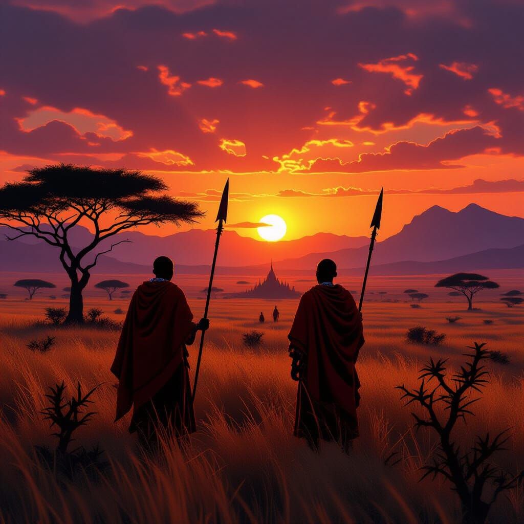 Maasai Warriors in African Sunset: Dark Fantasy Art Deco