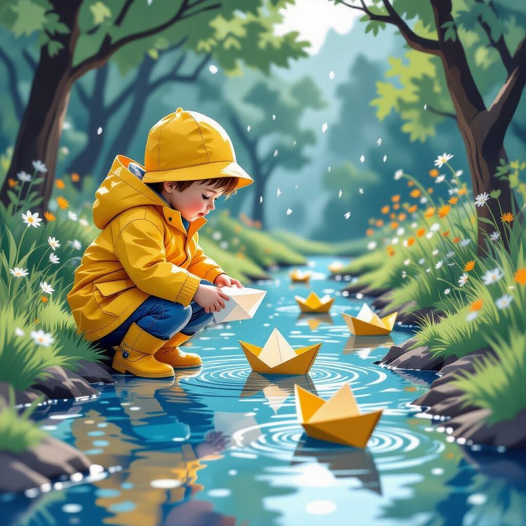 Boy Playing with Paper Boats in Paper-Folded Style