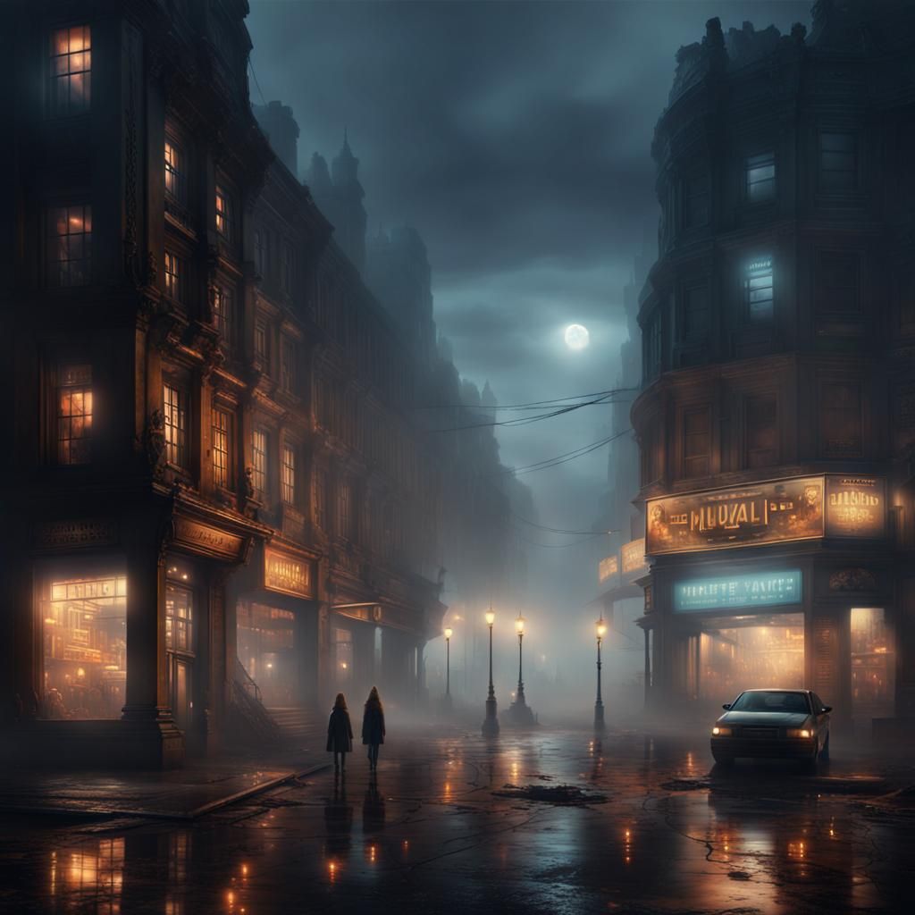 Illuminated Wasteland City in Fog, Digital Matte Painting