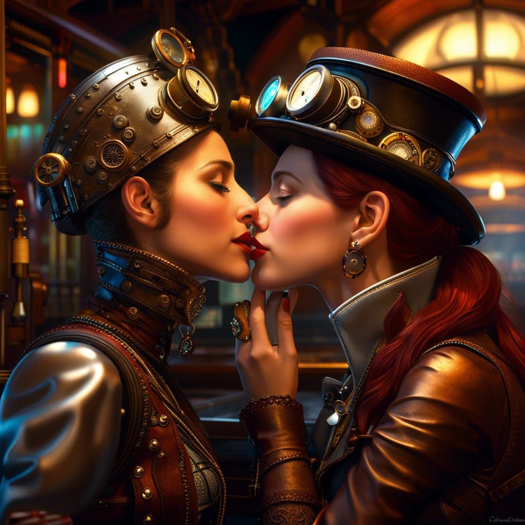 Steampunk lesbians kissing in a bar