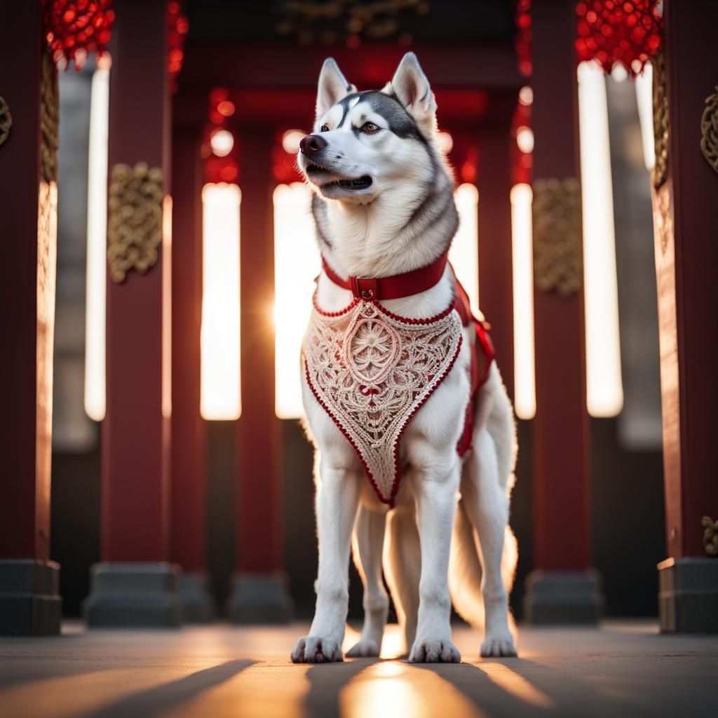 Siberian Husky in Lace Dress, Temple Setting