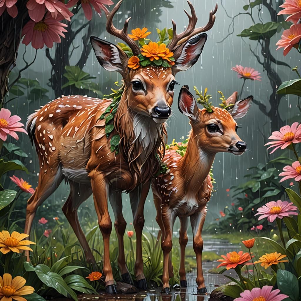 Fairy and Fawn in Rainy Forest: Fantasycore Art