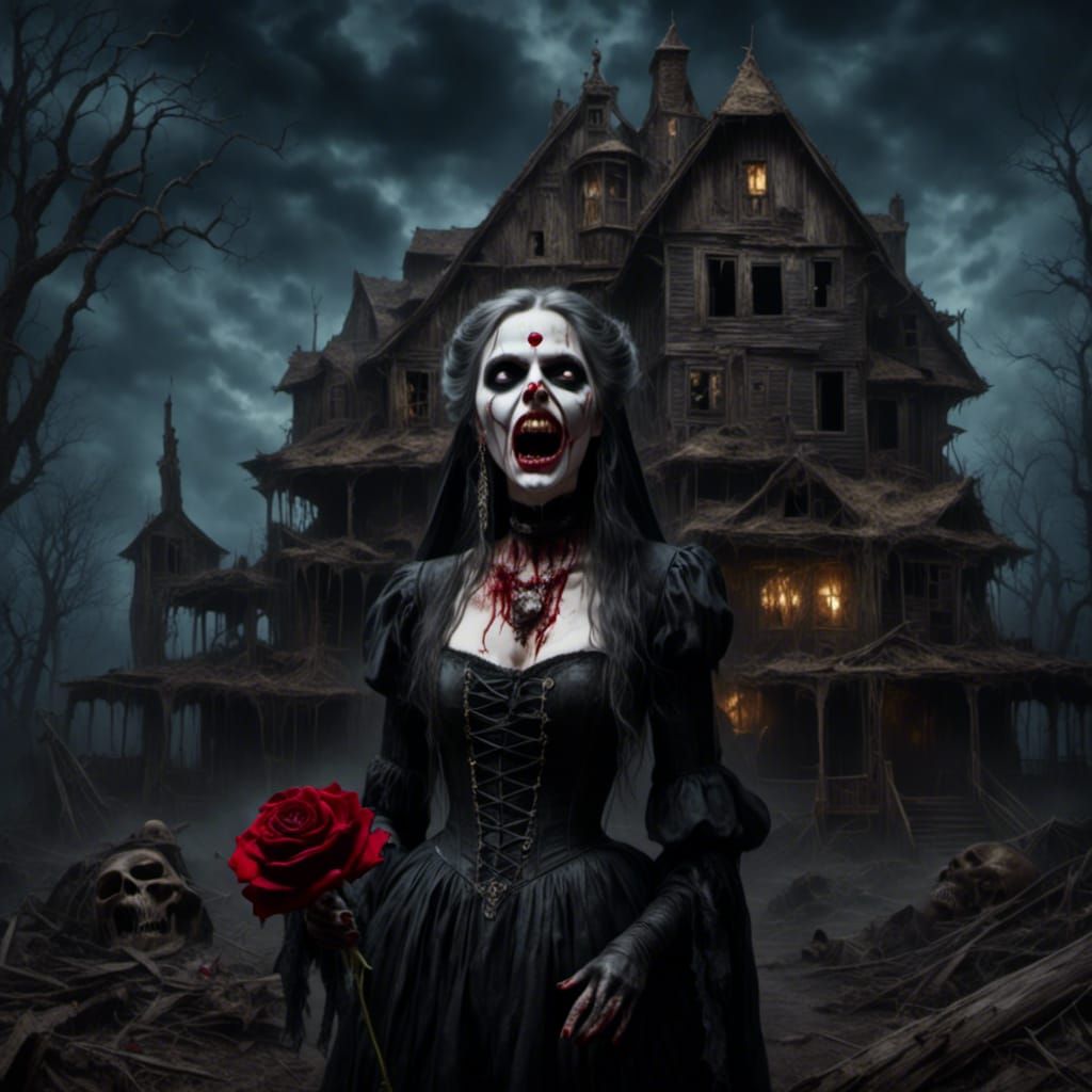 Eerie Zombie Girl in Gothic Horror Painting