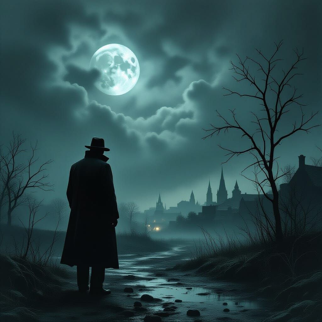 Noir Detective in Surreal, Damaged Landscape