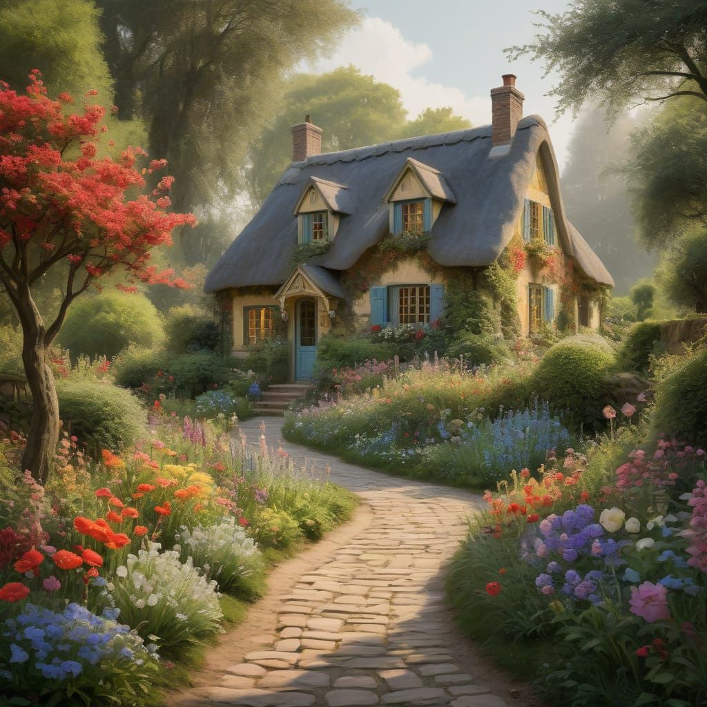 Enchanting Storybook Cottage in Vibrant Watercolor Garden