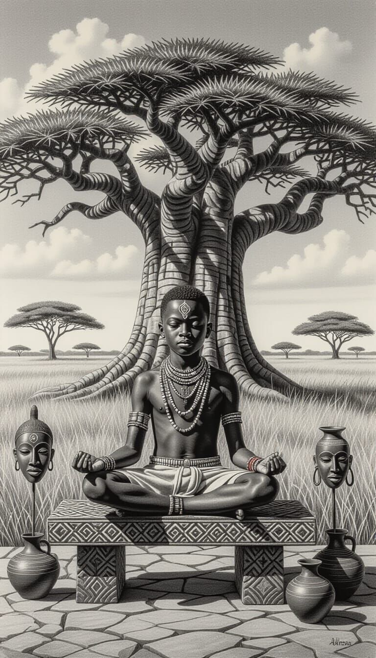 Regal African Boy in Meditation, Ancient Tree, Charcoal Draw...