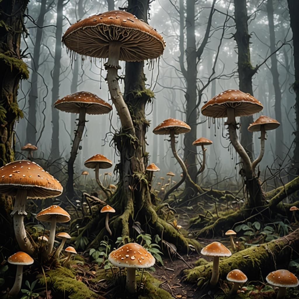 Eerie Mushroom Forest Shrouded in Mist
