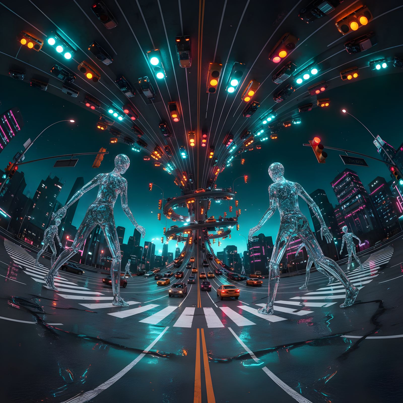 Urban Intersection Spirals Upward Amidst Surreal Lights