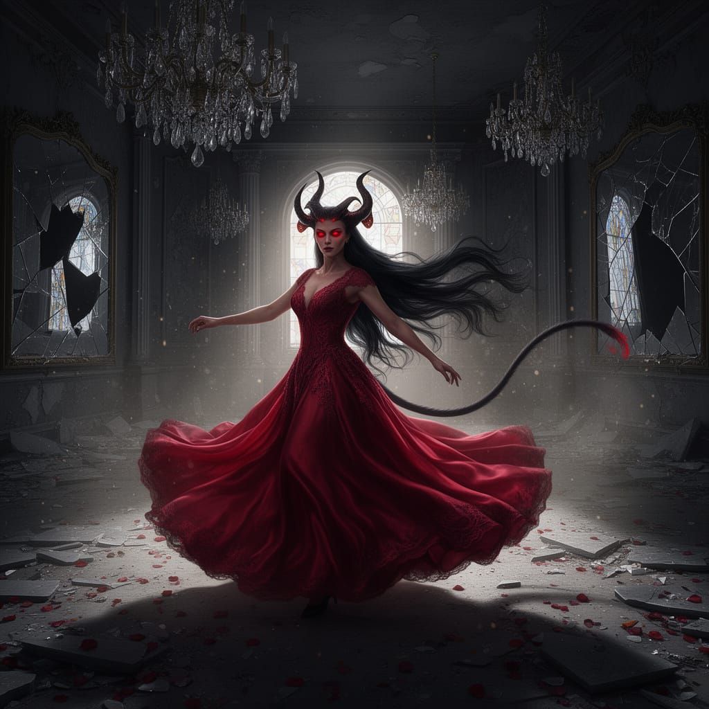 Demoness Dancing in Ruined Victorian Ballroom
