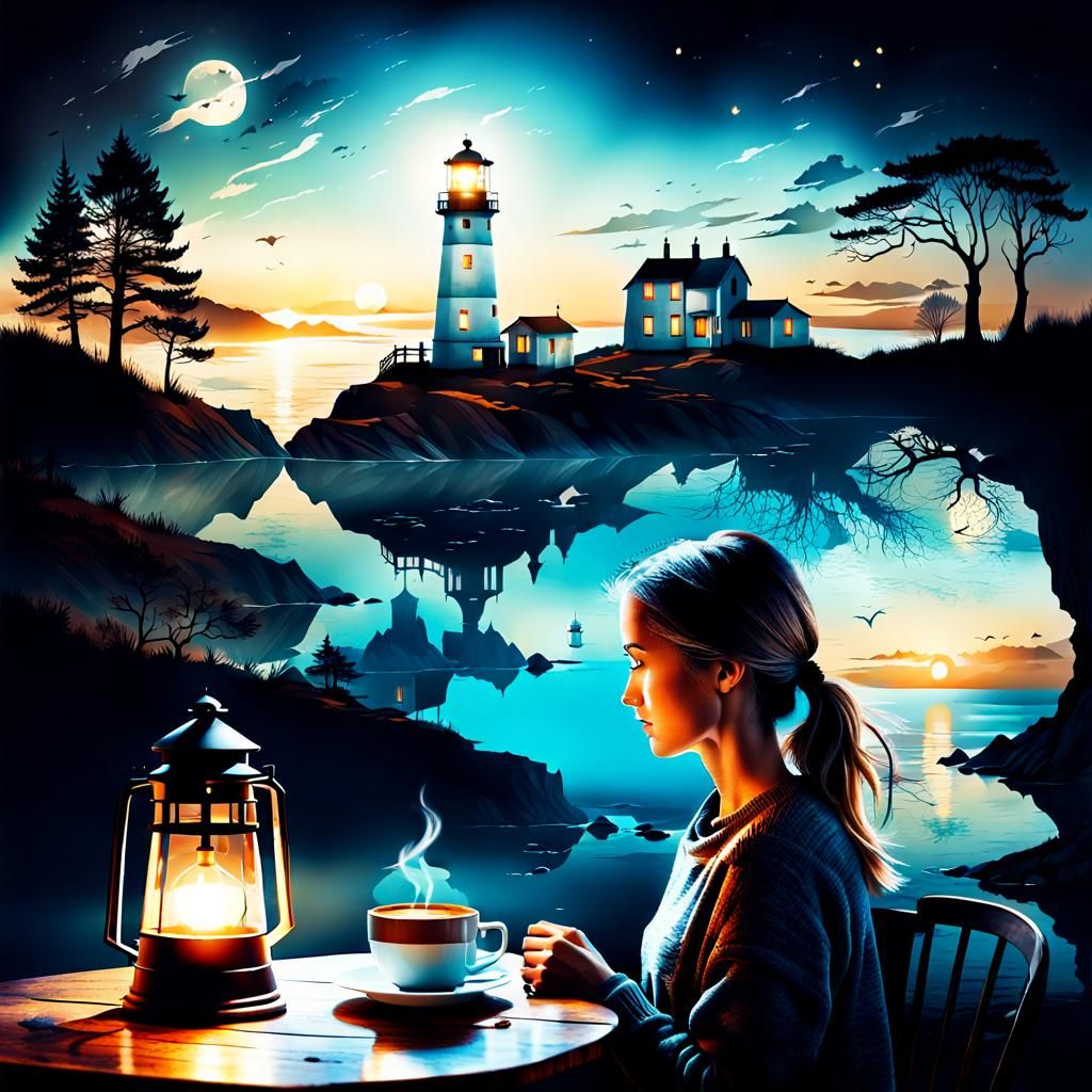 Surreal Landscape: Lighthouse, Woman, and Coffee