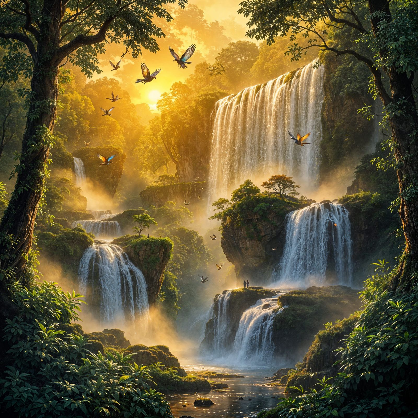 Surreal Jungle Falls Unfolds in Golden Hues