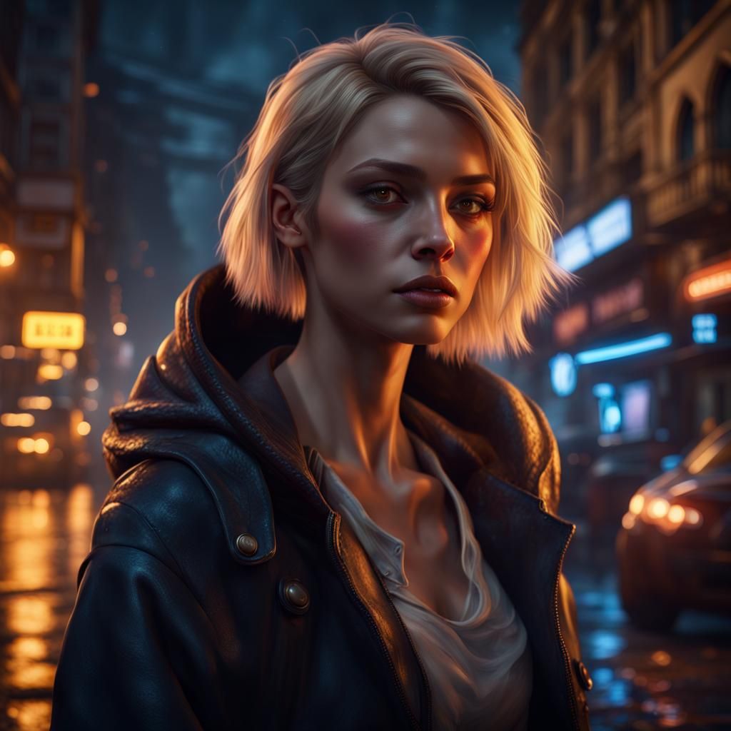 Blonde Woman on Crowded City Street at Night