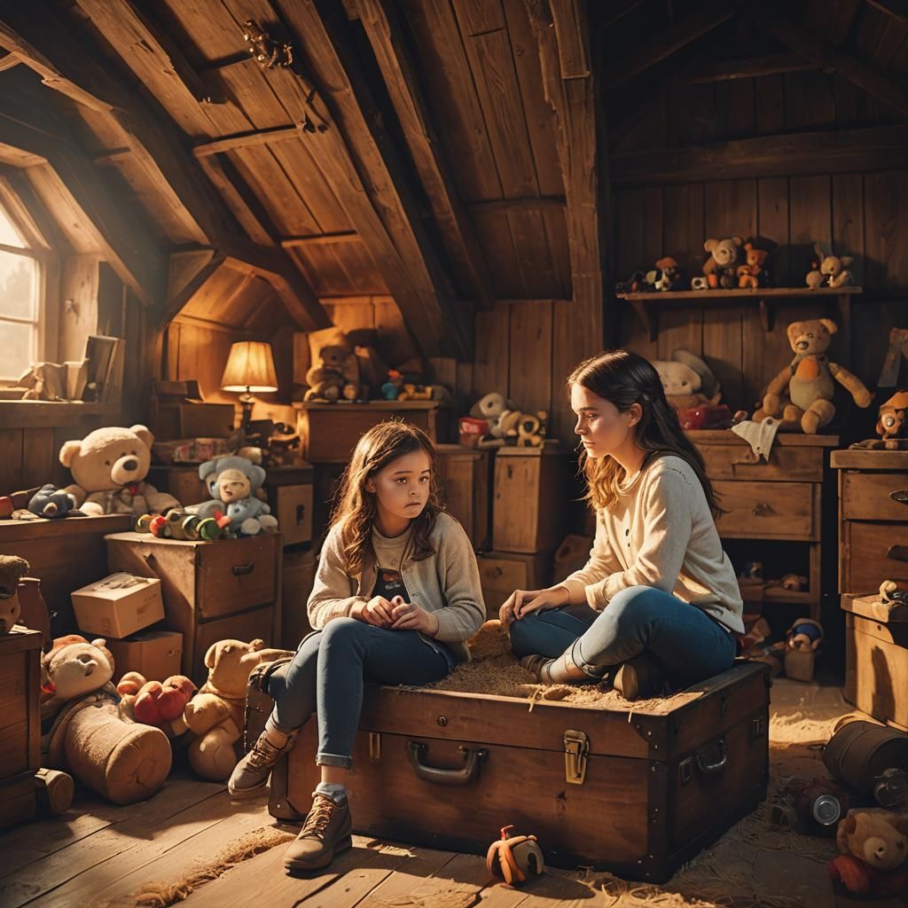 Nostalgic Attic Scene with Girl and Daughter