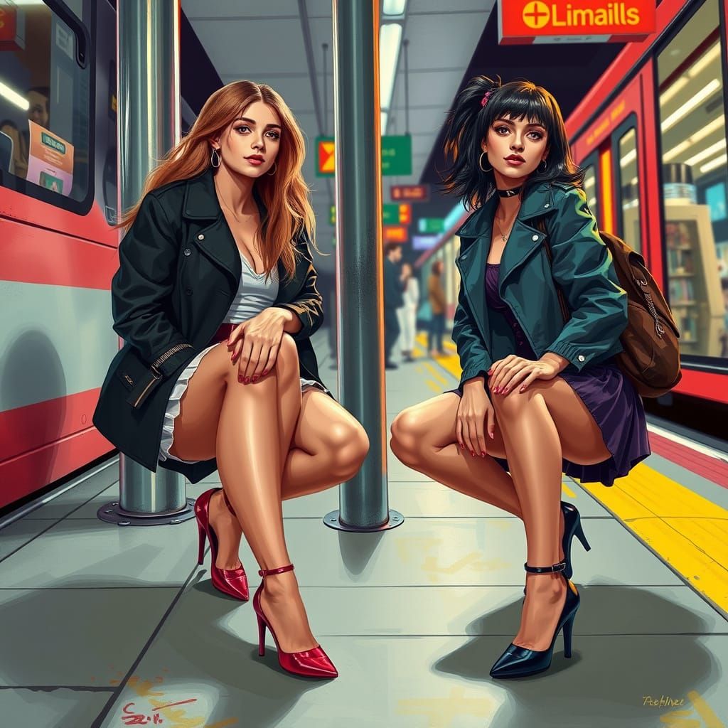 Trendy Girls Waiting for Bus in Stylized Realism