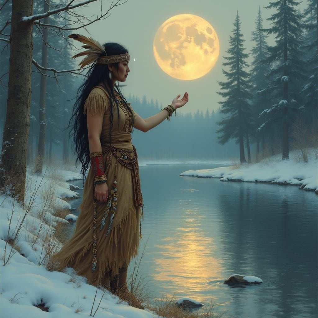 Ethereal Reflection: Native Woman in Moonlight