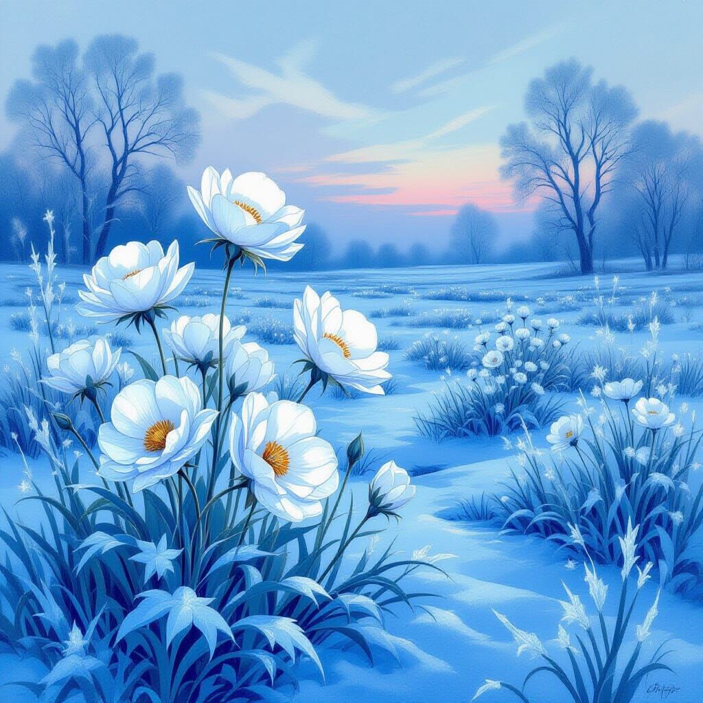 Art Nouveau Ice Flowers in Twilight Field