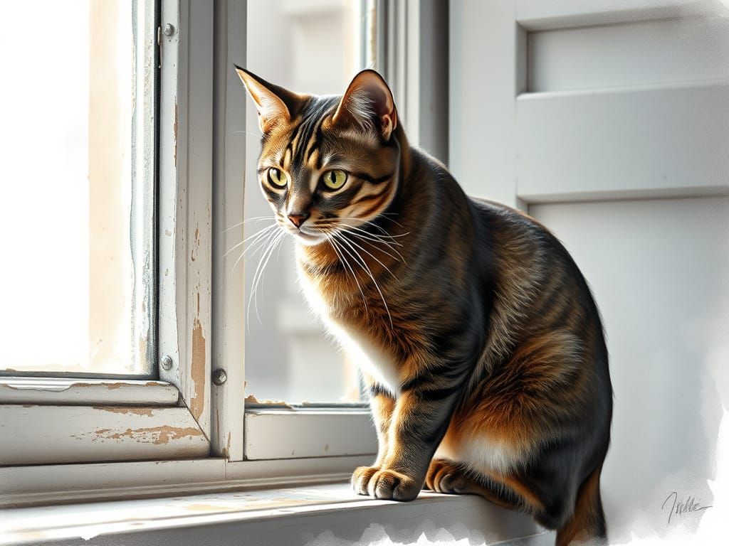 Sleek Cat on Windowsill in Watercolor Style