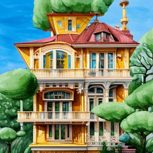 Mansion Balcony in Vernacular Gouache Watercolor