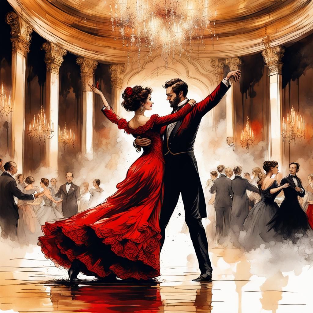 Victorian Couple Dancing in Red and Gold Ink