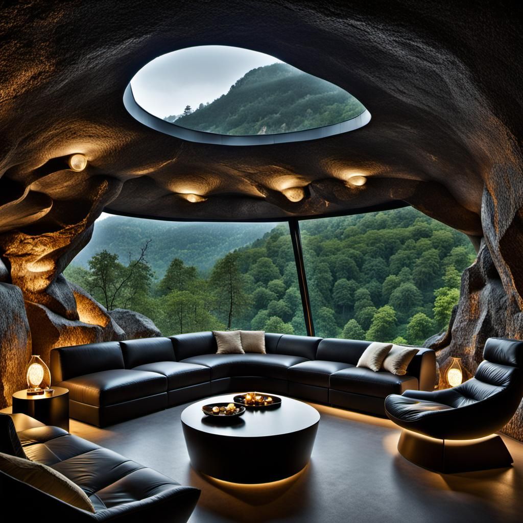 Ultra-Modern Cave Interior with Forest View