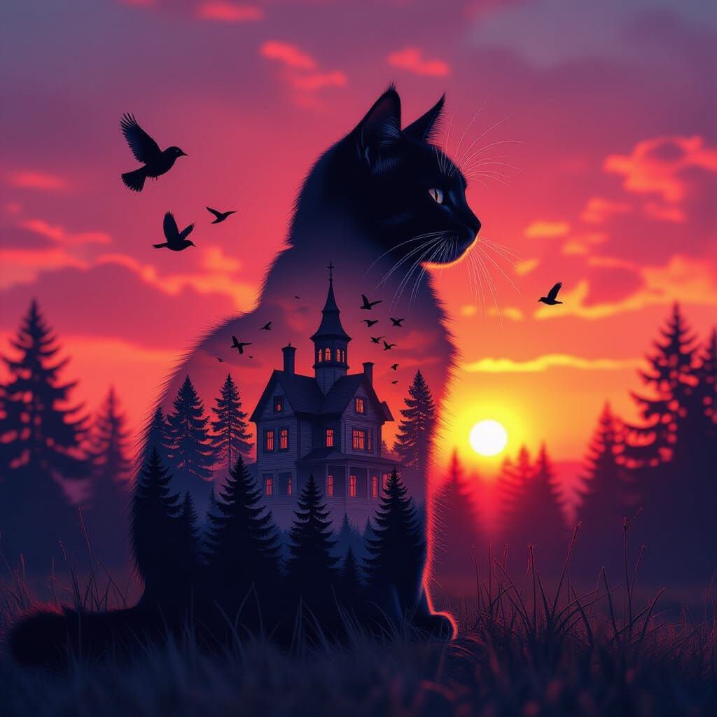 Cat Silhouette Filled With Forest and Mansion at Sunset