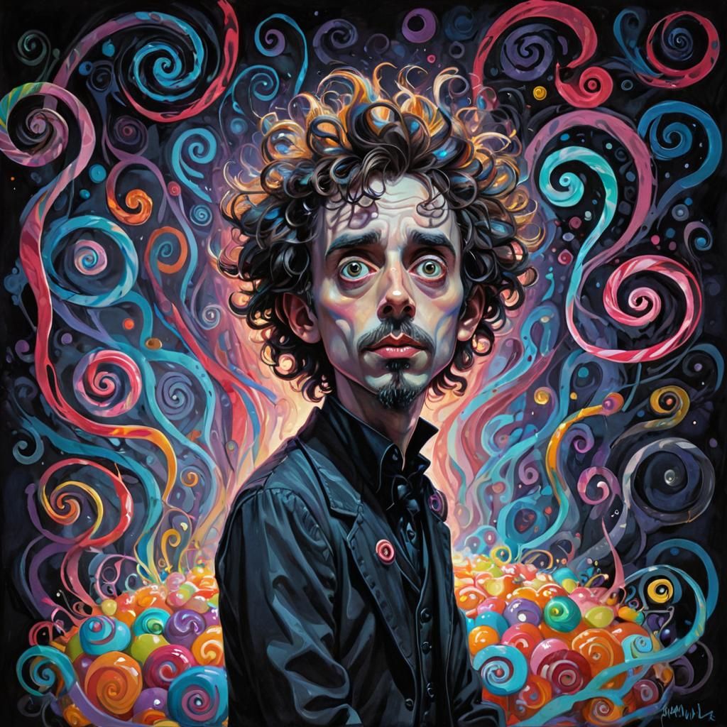 Whimsical Portrait in Tim Burton Style with Gouache Textures