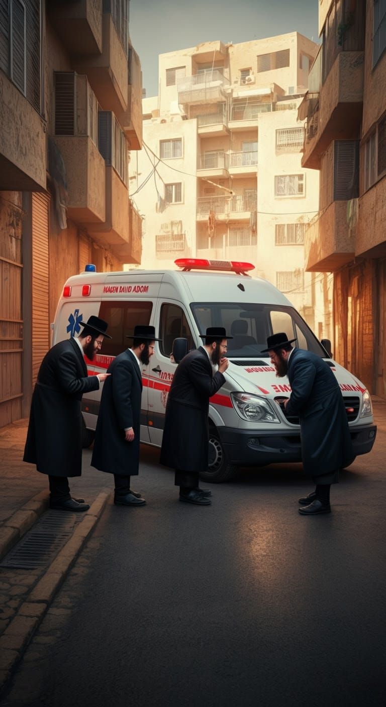 Curious Hasidic Men Around Ambulance: Digital Comic Art