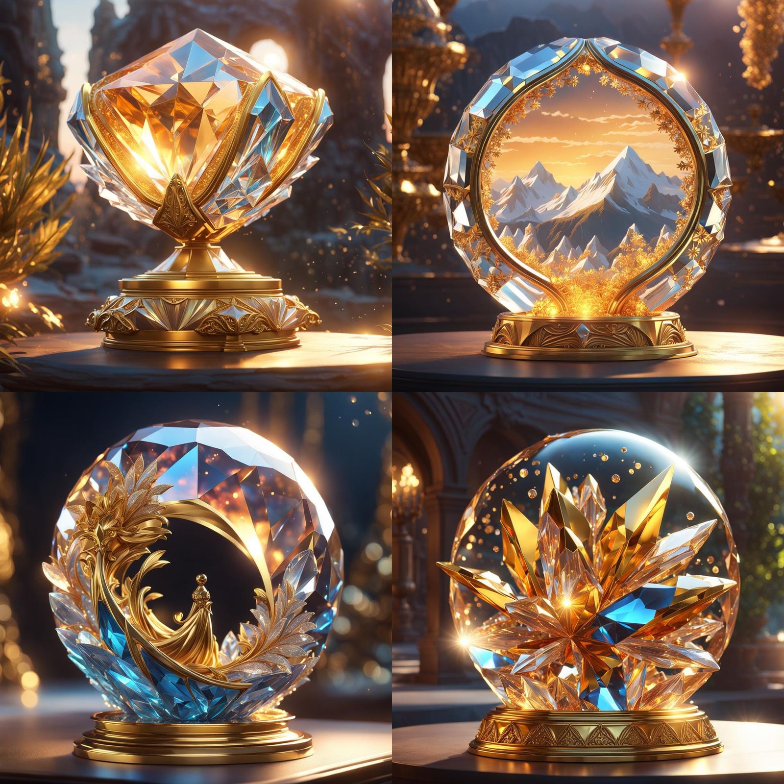 Golden Crystal Sculpture with Dynamic Lighting