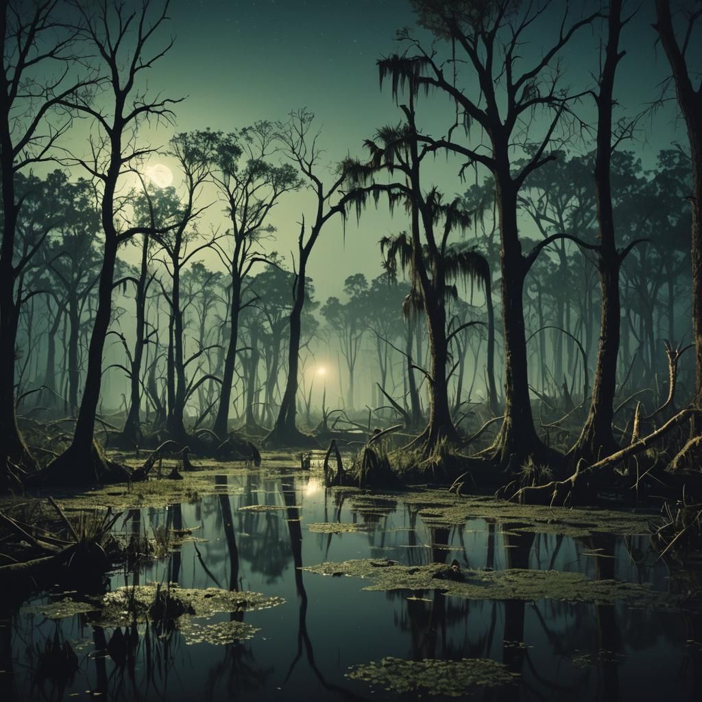 Cinematic Swamp at Night: Atmospheric Film Still