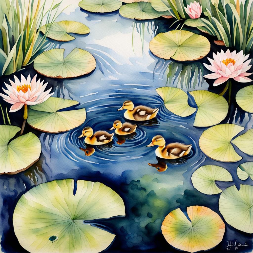 Watercolor Ducklings on Lily Pads Pond