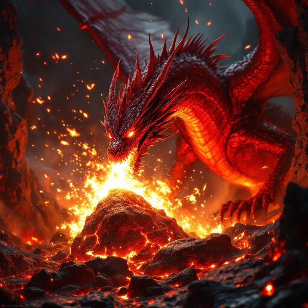 Majestic Red Dragon in Volcanic Lair