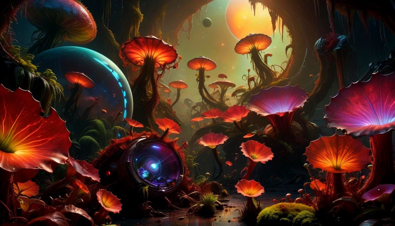 Dystopian Exoplanet Landscape with Carnivorous Plants and To...