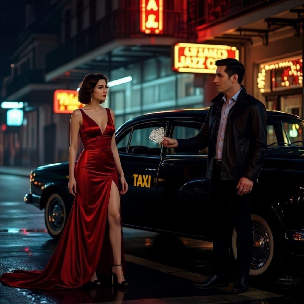 Elegant Woman Exits Taxi at Noir Jazz Club