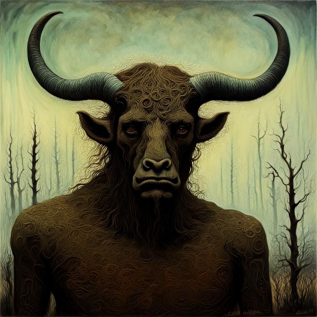 Minotaur Portrait in Eerie Bog: Surreal Oil Gouache