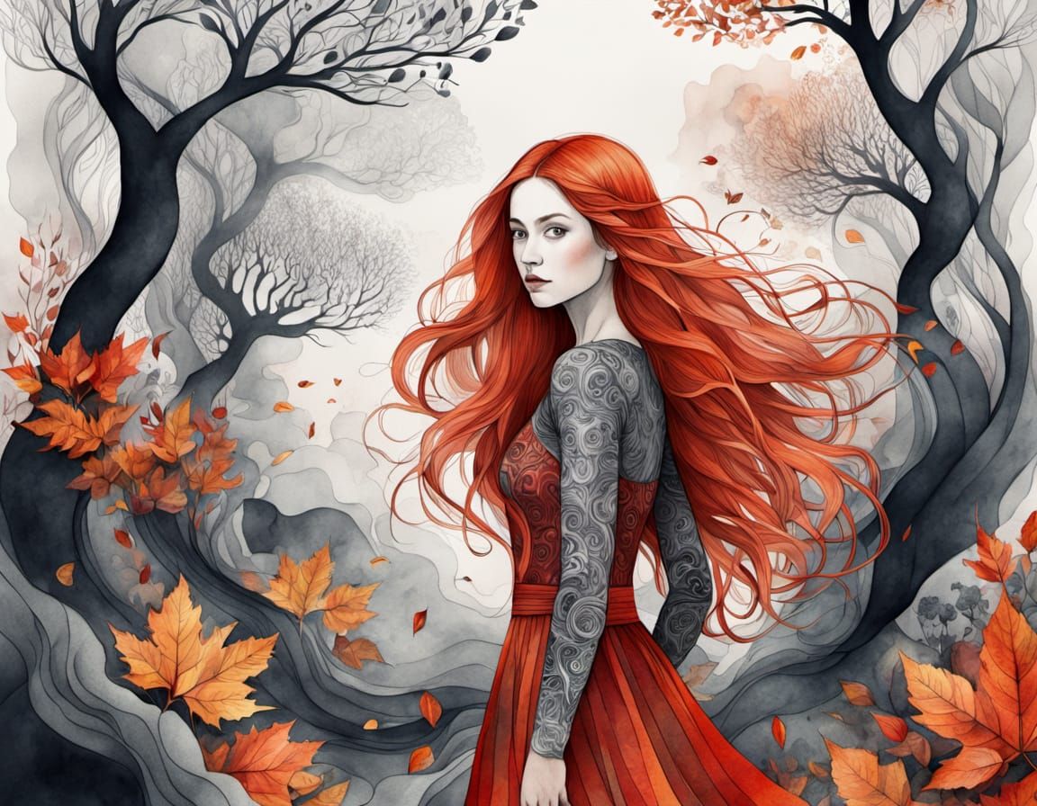 Ethereal Autumn Woman in Forest Watercolor