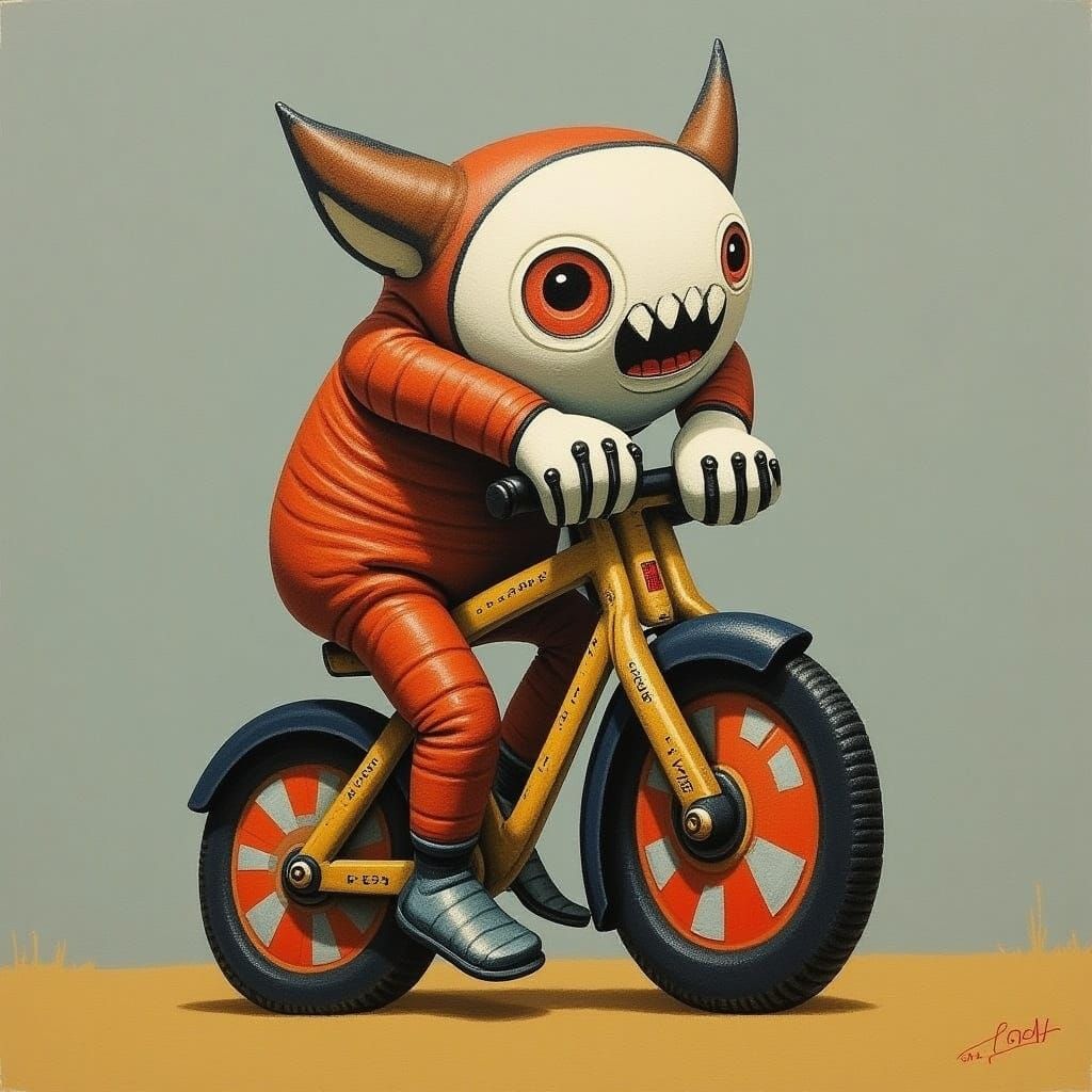 Whimsical Creature Rides Bike in Childlike Art Style