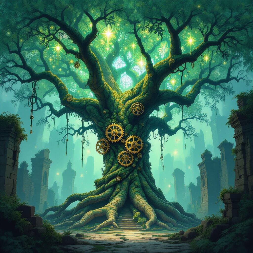Ancient Bioluminescent Tree in Steampunk City