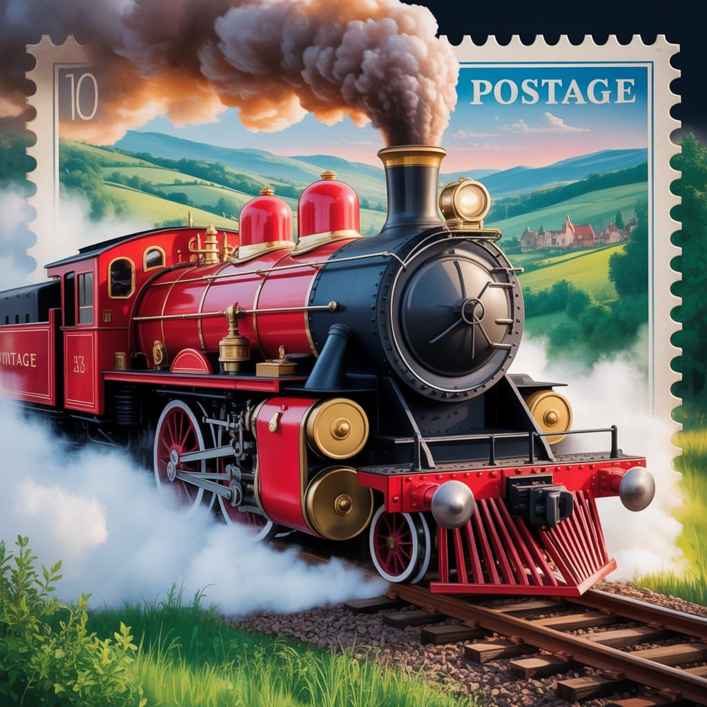 Red Steam Train Bursting From a Postage Stamp