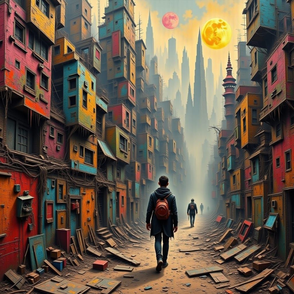 Dystopian Gypsy Caravan Through a Futuristic City