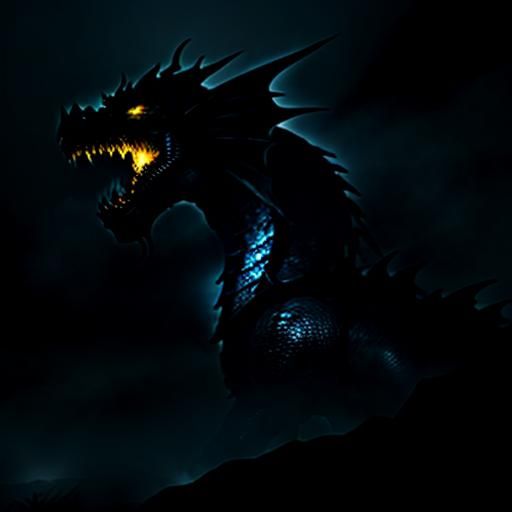 Winged Black Dragon Breathing Fire in Dark Cave