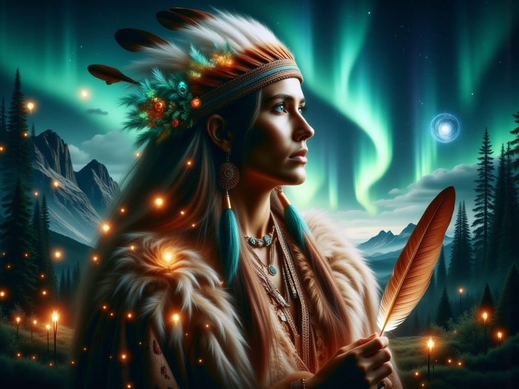 Feather Merges with Native American Portrait in Dreamy Night...