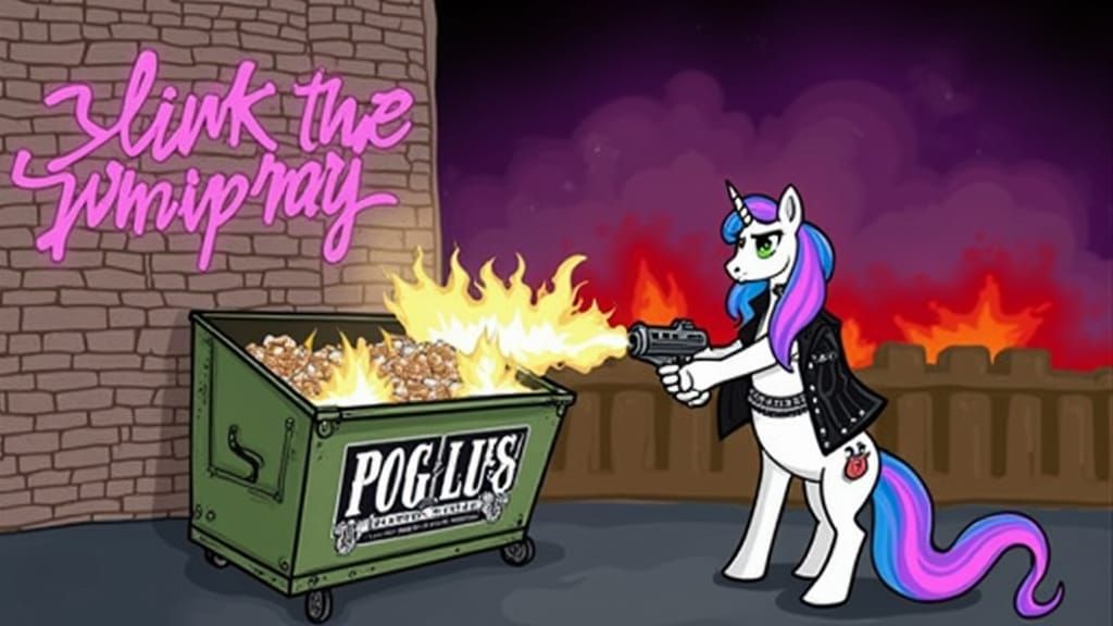 Electric Blue Pony Amidst Burning Dumpster