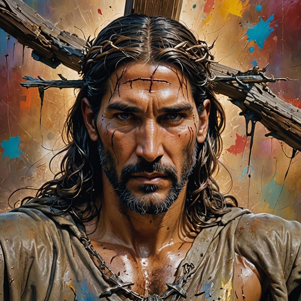 Hyperrealistic Crucifixion: Dramatic Splash Art Portrait