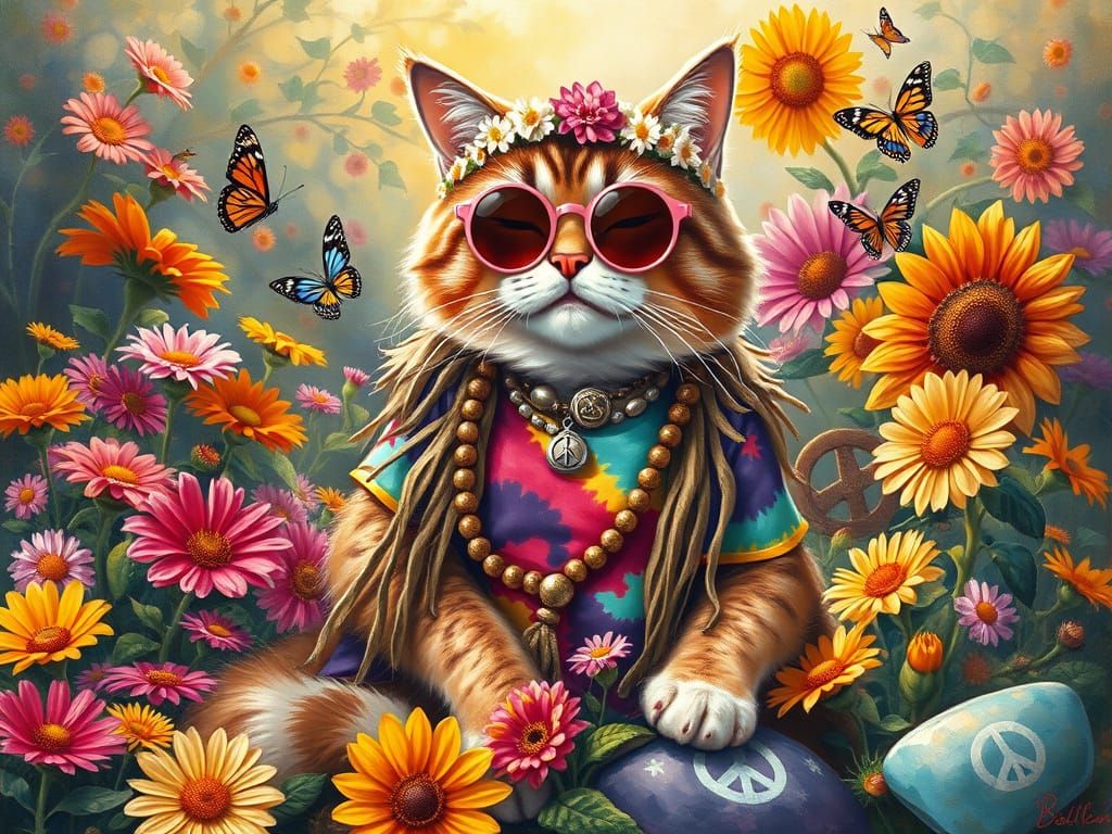 Hippie Cat in Flower Garden, 1960s Style